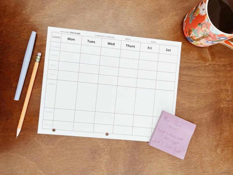 blank weekly homeschool schedule with pencil about to be written