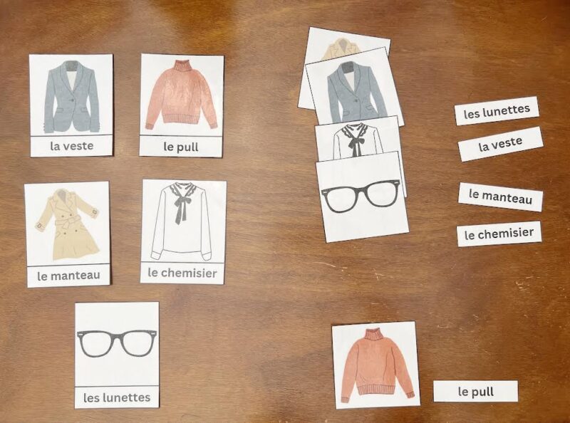 foreign language vocabulary cards designed for a Montessori three-period lesson