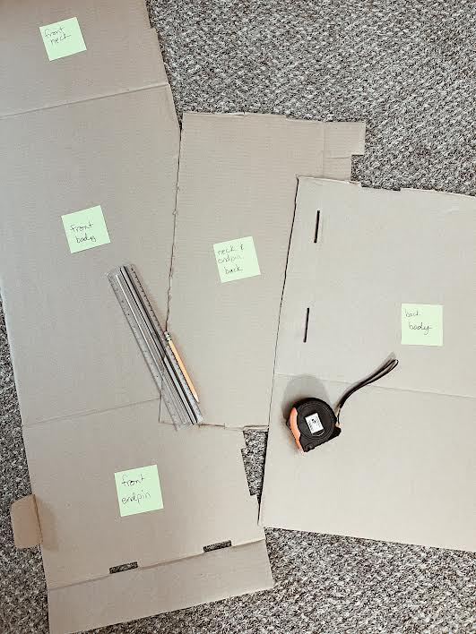 large cardboard pieces labeled for the cello parts I will use them for