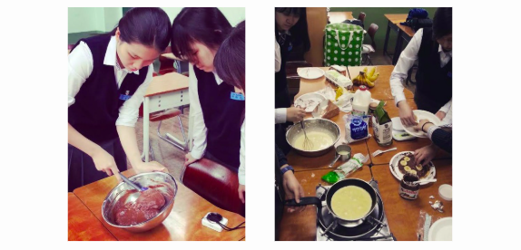 two pictures of French Club students making French food in club