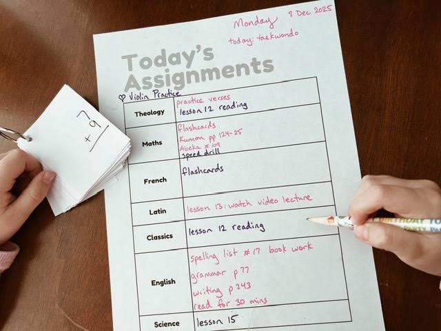 daily assignment sheet prepared for homeschool day