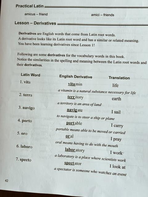spread of lesson page from Prima Latina showing derivatives