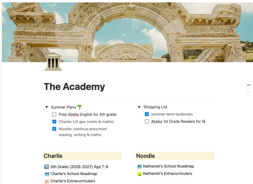 Notion screenshot for homeschool