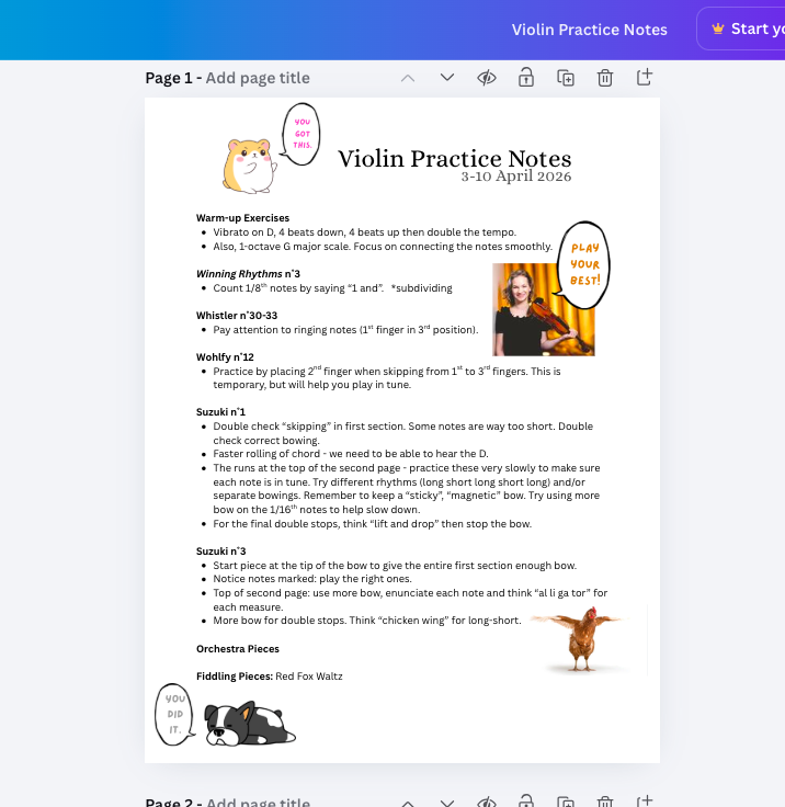screenshot of editing practice notes organized for student