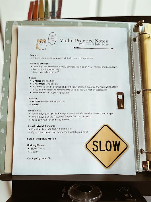 music practice organized into a note on music stand