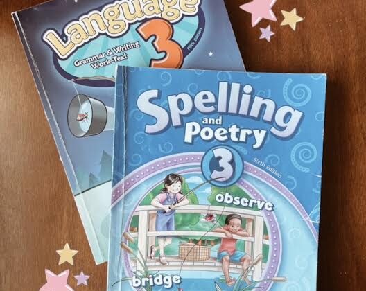 covers of abeka language and spelling for third grade being reviewed
