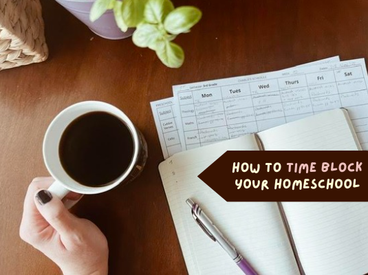 planning a time block homeschool schedule with coffee
