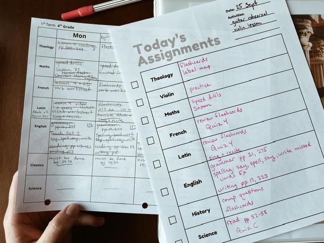 weekly and daily assignment sheets for homeschool